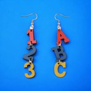 Colorful alphabet‎ numbers teachers double sided wooden drop dangle earrings